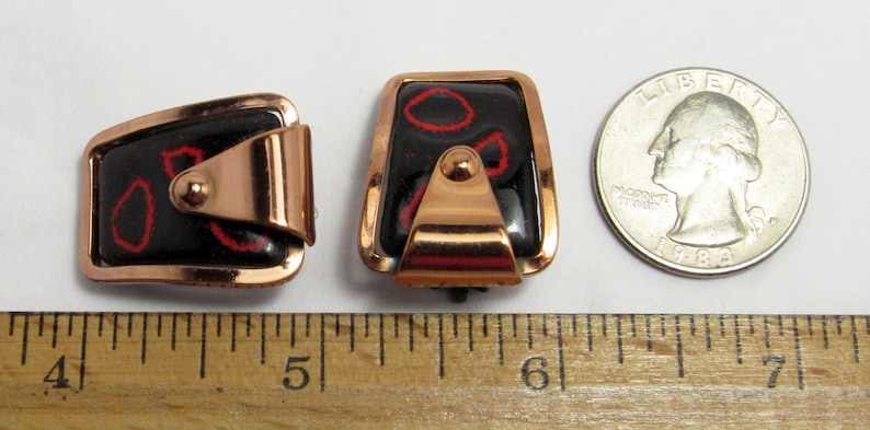 Modernist 1950/'s Vintage MATISSE signed Red /& Black Enamel on Copper Rhomboid Ear Clips Atomic Era Mid Century RARE