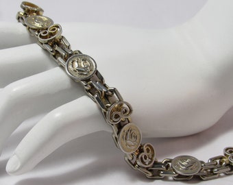 Vintage Silver and Gold Tone 7" Panel BRACELET Rose Flower Motif Gently Loved