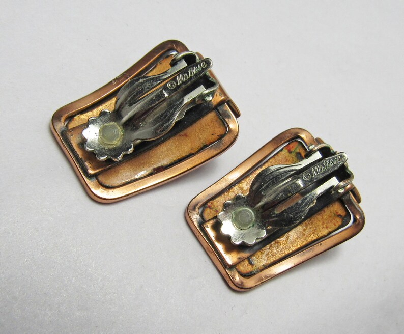 Modernist 1950/'s Vintage MATISSE signed Red /& Black Enamel on Copper Rhomboid Ear Clips Atomic Era Mid Century RARE