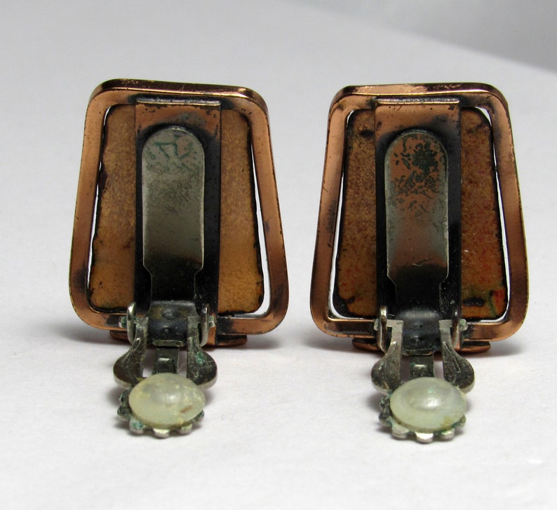 Modernist 1950/'s Vintage MATISSE signed Red /& Black Enamel on Copper Rhomboid Ear Clips Atomic Era Mid Century RARE