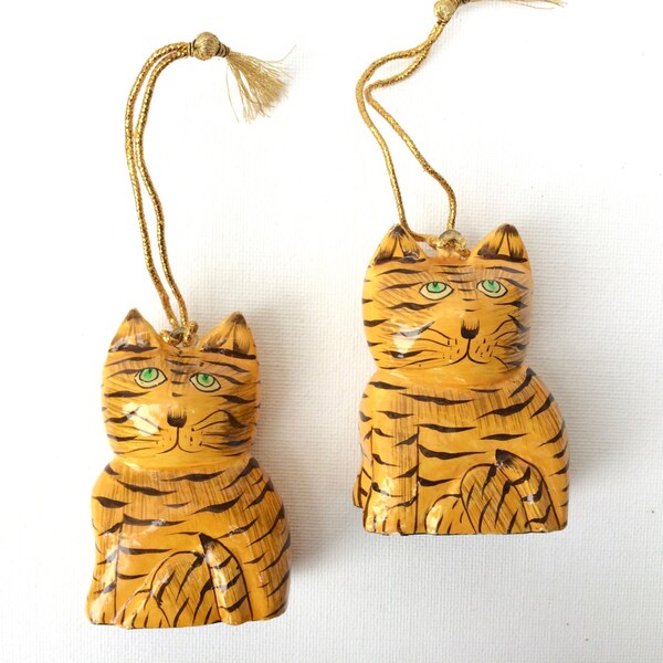 Vintage Christmas Decorations - 2 Hand Painted Christmas Ornaments - Cat Christmas Ornaments - Wooden Ornaments - Cat Ornaments - Vintage