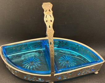 1930'S  Art Deco Farberware metal basket with aqua Depression glass inserts-excellent condition!