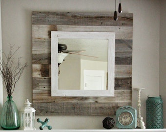 Barn wood Slat Mirror w/white Overlay