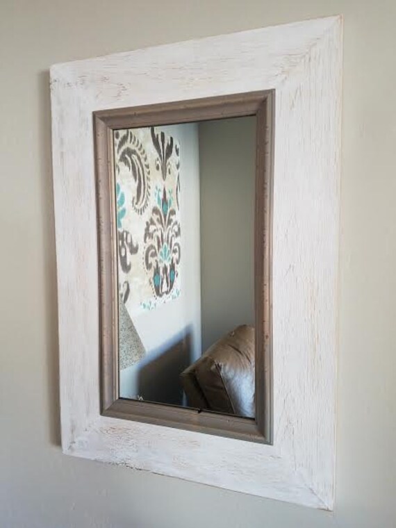 Rustic White Mirror W Gray Decorative Moulding