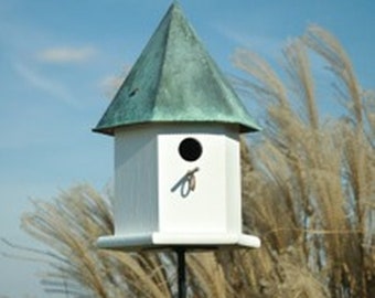May include: A white birdhouse with a green roof sits on a black metal pole. The birdhouse has a round opening for birds to enter. The birdhouse is surrounded by tall, brown grass.