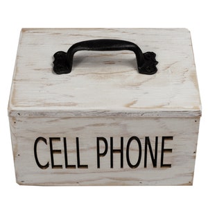 May include: White wooden box with a black metal handle and the words "CELL PHONE" engraved on the front.