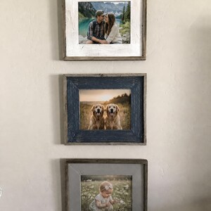 May include: Three framed photographs hanging on a wall. The top frame has a white and gray distressed finish and contains a photo of a couple. The middle frame has a blue distressed finish and features two dogs. The bottom frame has a gray finish and shows a baby.