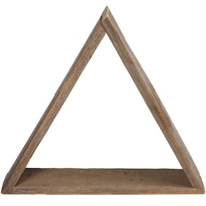 May include: A rustic wooden triangle shelf with a natural wood finish. The shelf is made of reclaimed wood and has a simple, geometric design.