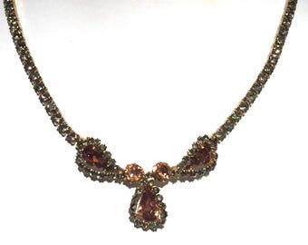 WEISS Rhinestone Necklace, Smokey Gray & Amber Crystals Signed by Designer