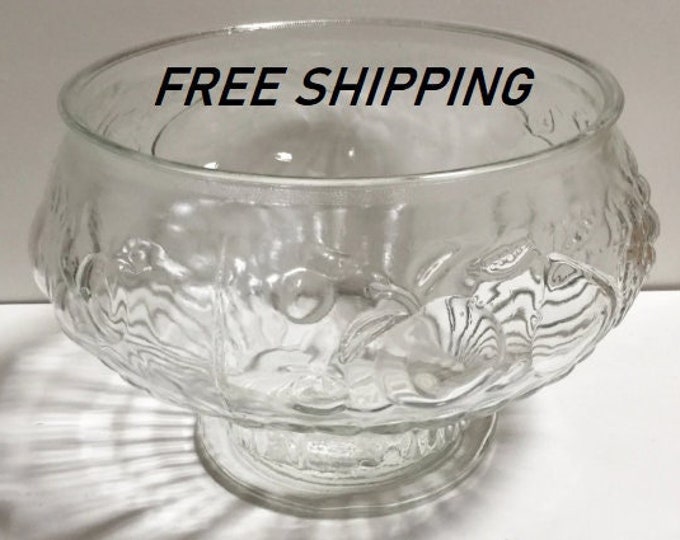 Fruit Pattern Punch Bowl by Jeanette Glass, Clear Crystal Embossed Fruit Bowl with Matching Cups and Ladle, Complete Punch Bowl Set