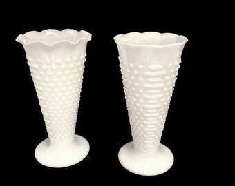 Vintage Flower Vase Set of Two 9" Hobnail Pattern, Fluted Milk Glass Vases