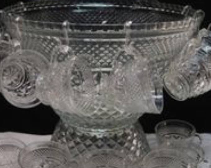 Glass Punch Bowl Set, Stand and Matching Cups Vintage
