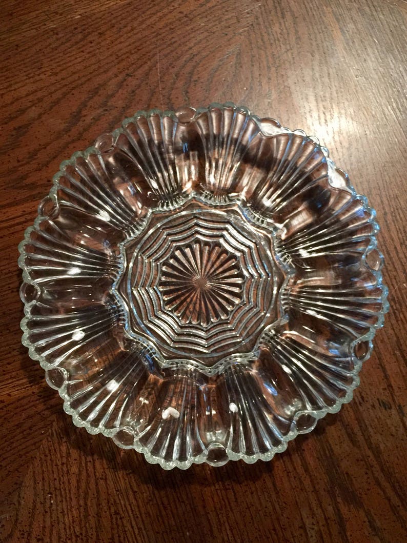 Crystal Deviled Egg Platter by Anchor Hocking, 896 Wave and Fan Pattern