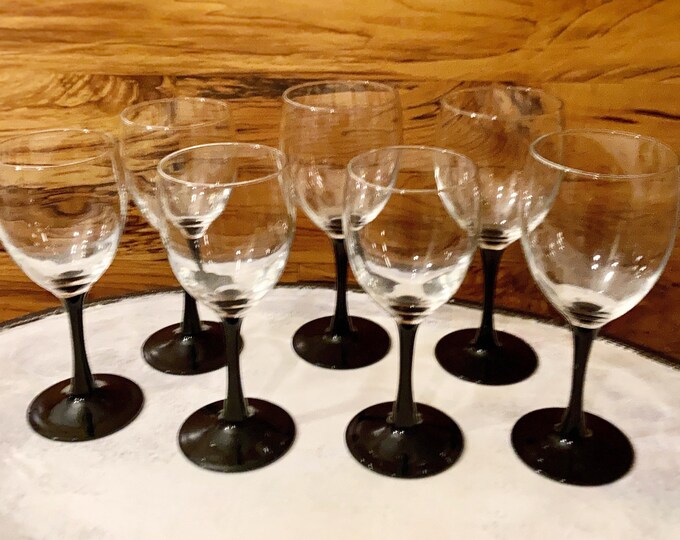 Vintage Wine Glasses with Black Stems and Clear Bowls, Retro Barware