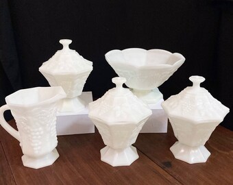 Paneled Milk Glass Set, Compote, Candy Dish, Pitcher, Square Bowl with Embossed Grapes