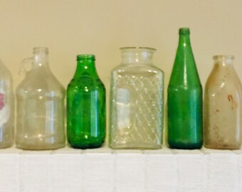 Vintage glass bottles set of 6, old collection of glass