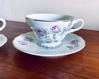 Tea Cup & Saucer Set of 2, Pink Roses Marked Japan China, Tea Party