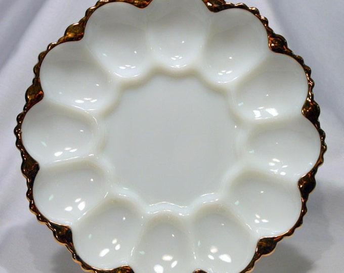 Milk Glass Deviled Egg Plate by Anchor Hocking With 22 Karat Gold Trim