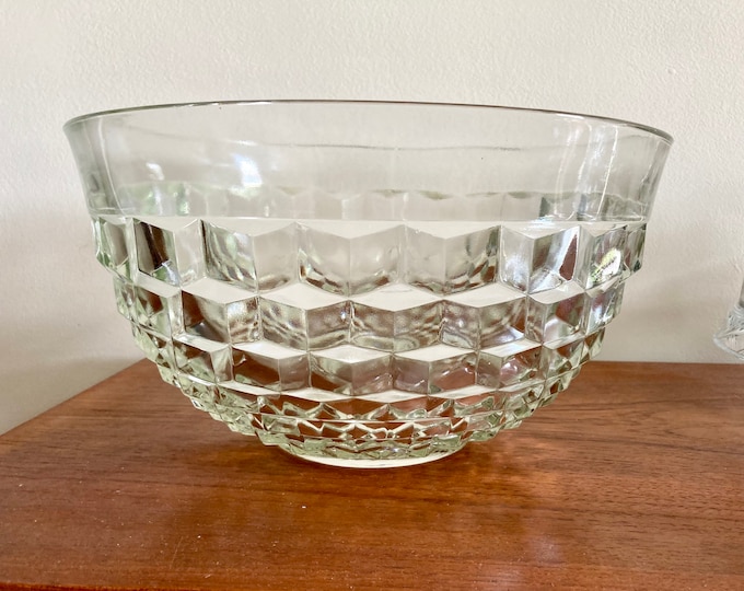 Whitehall Punch Bowl by Colony with Stacked Cube Design 13" Punch Bowl, Vintage Clear Pressed Glass Wedding Punch Bowl