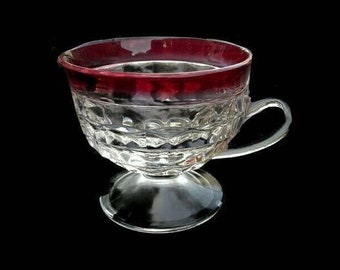 Ruby Red Flash Set of 6 Cups by Whitehall Glass Diamond Pattern Footed Cups with Red Band Rim, Vintage Serving Cups