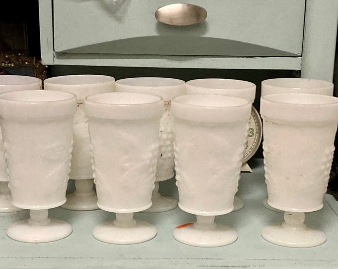Vintage white glasses, Set of 8 footed milk glass tea tumblers
