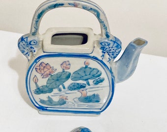 Whimsical Teapot with lid hand painted ducks and flowers, collectible porcelain teapot