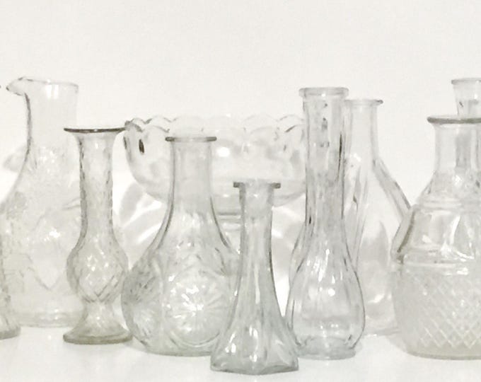 Clear Glass Vases, Collection of 10 Vintage Flower Vases, Wedding Vases, Glass Planters, Glass Compotes, Vintage Cut Crystal, Bud Vasess
