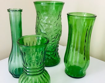 Set of 4 Glass Flower Vases, Emerald Green Color, Mix and Match Size and Height