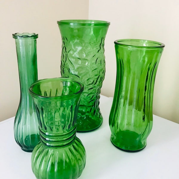 Set of 4 Glass Flower Vases, Emerald Green Color, Mix and Match Size and Height