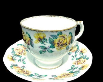 Salisbury Tea Cup & Saucer by Crown China, Made in England with Yellow Roses, White and Gold Trim-Bone China Tea Party