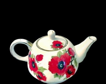 Vintage Peggy Jo Ackley CIC Floral Teapot, Red Flowers White Ceramic Teapot Certified International Corp