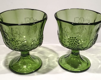 Green Glass Compote Set by Colony Harvest, Grape & Leaves Pattern, Avocado Footed Vases