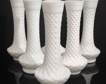Milk Glass Vases Set of 2 White Flower Vases, Diamond Quilt Pattern, Flared 9" Tall Vases