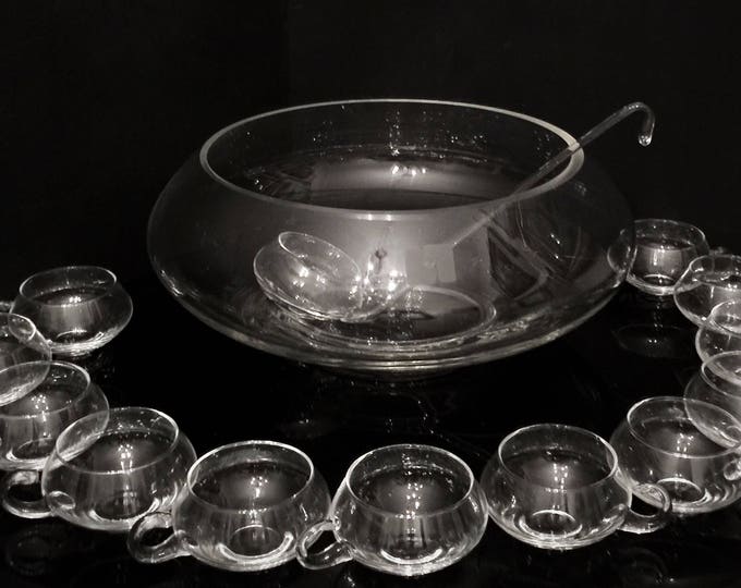 Moderno Punch Set 13 Pieces, Riekes-Crisa Pattern 7050, Mid Century Modern Hand Blown Glass Punch Bowl, 12 Cups