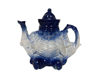 Buddha teapot flow blue and white vintage teapot