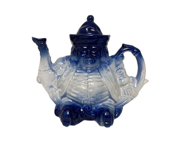 Buddha teapot flow blue and white vintage teapot