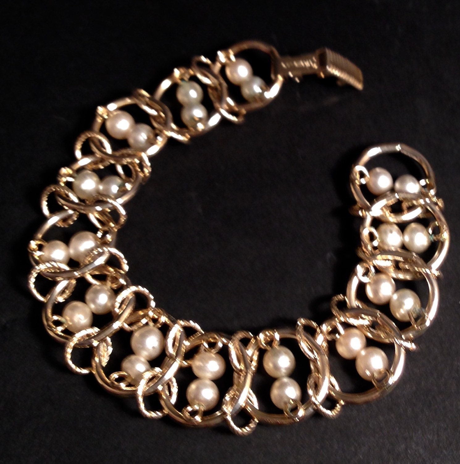 Antique Goldette NY Bracelet Pearl and Gold Tone Circle Links Etsy