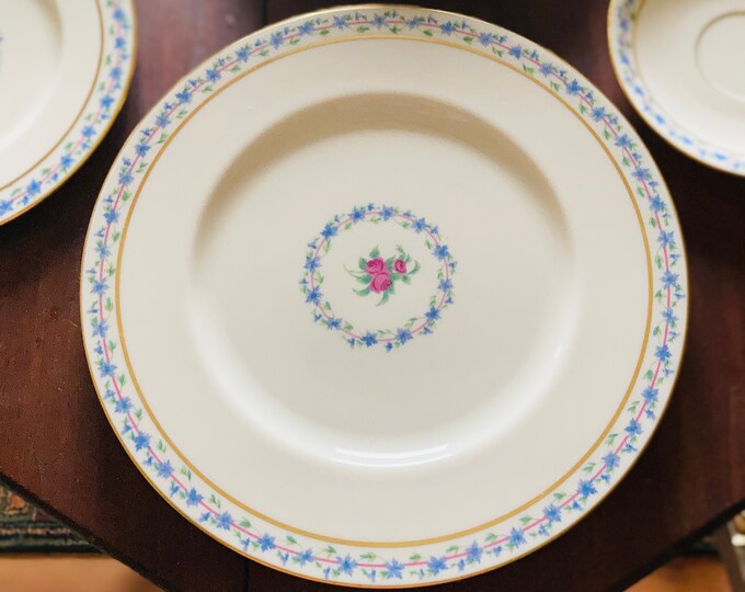 Fairmount by Lenox China with Bands of Blue Flowers and Pink Rose Center, Gold Band and Rim, 8 Lenox Plates