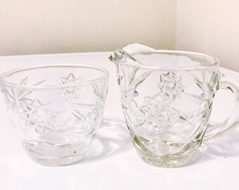 Prescut Creamer and Sugar Bowl by Anchor Hocking Clear Depression Glass Creamer & Open Sugar Bowl, Star and Fan Design Glass