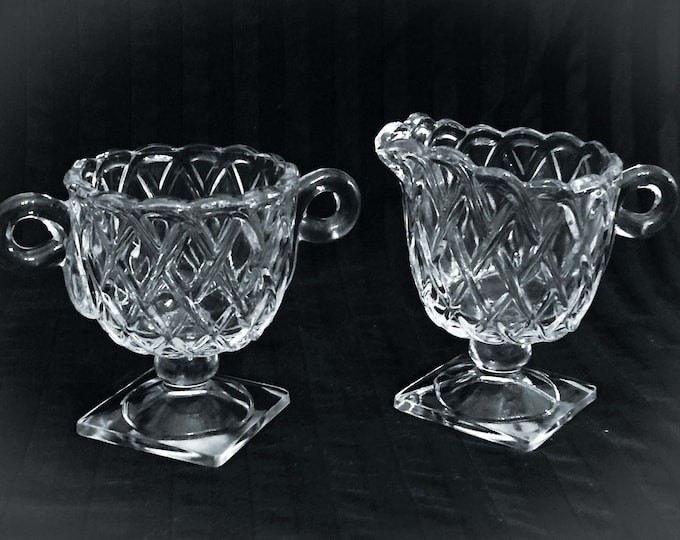 Creamer & Sugar Bowl vintage set Indiana Glass Co, Pretzel Pattern glass