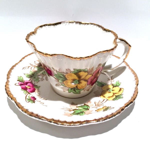 Salisbury Tea Cup & Saucer,Yellow and Pink Pansies,Fine Bone China,Ruffled Rims,Gold Trim,Made in England