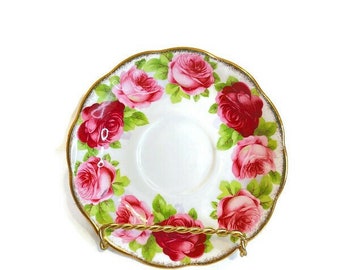 Royal Albert Saucer, Old English Rose Pattern White with Large Pink Roses & Gold Trim, Fine Bone China