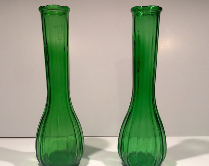 Glass Bud Vases, Green Glass Flower Vases Set of 2, Ribbed Florist Vases