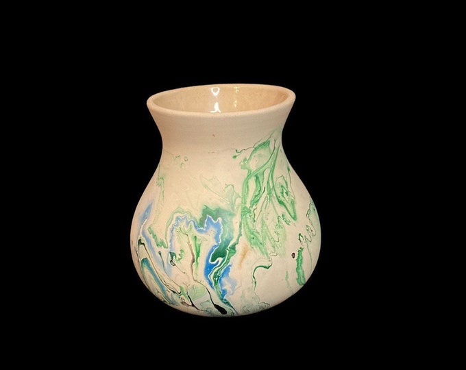 Nemadji Indian River Art Pottery, round with green swirls artisan vase