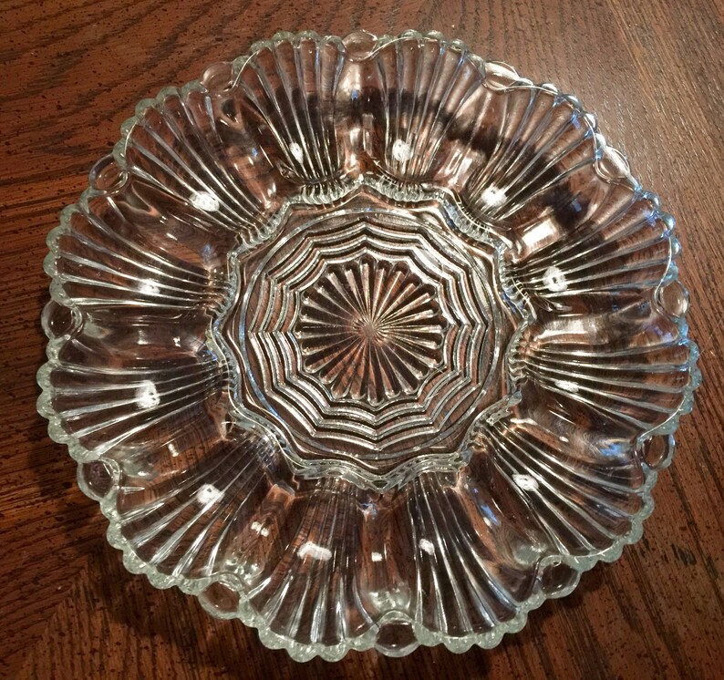 Crystal Deviled Egg Platter by Anchor Hocking, 896 Wave and Fan Pattern
