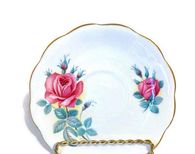 Royal Albert Elizabeth Sweetheart Rose Series Saucer in the Elizabeth Pattern, White & Pink Roses, Gold Trim