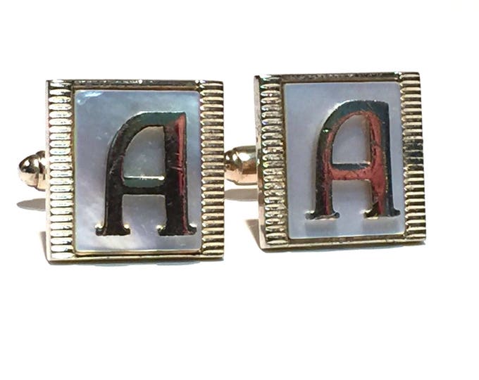 Initial "A" Cufflinks, Vintage Mother of Pearl with Gold Tone Metal Monogrammed "A"