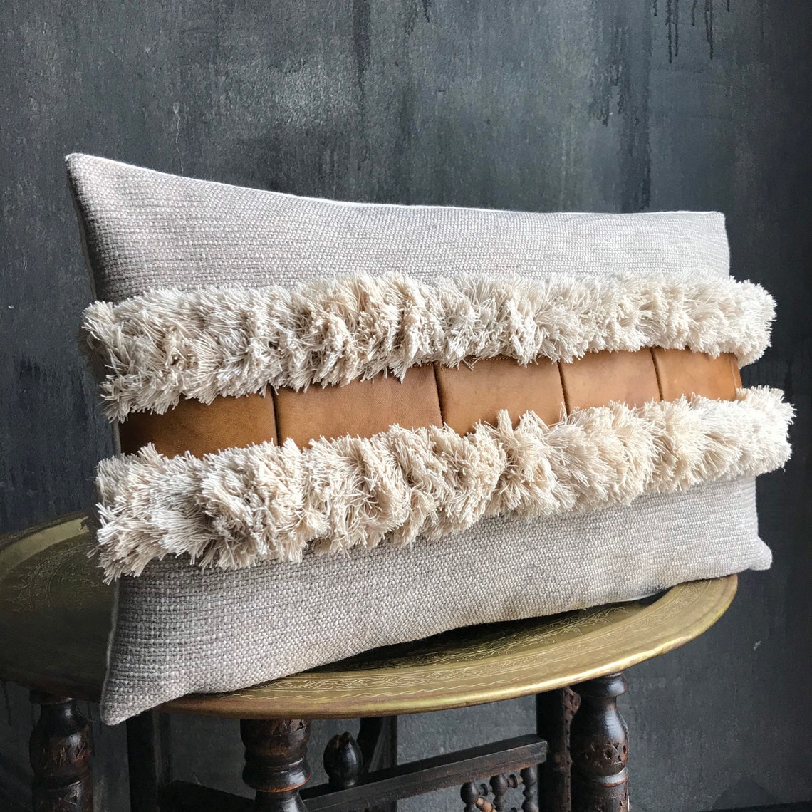 Grey Vintage Leather Fringe Pillow Etsy
