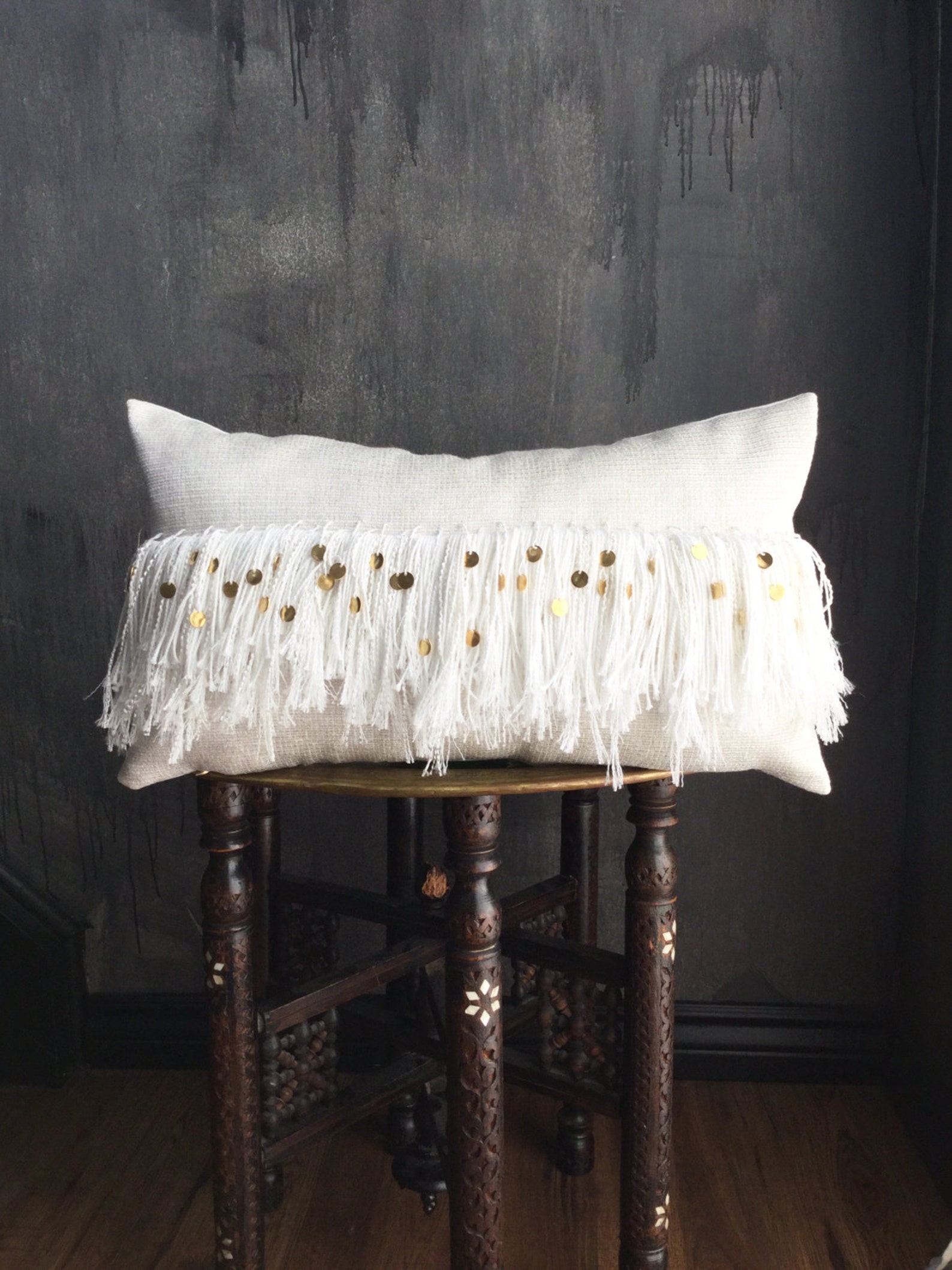 White Gold Fringe Tassel Moroccan Inspired Pillow Boho Etsy