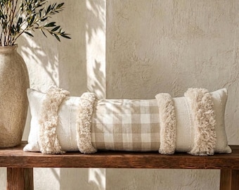 Checkered Belgian Linen Plaid Offwhite African Mudcloth Long Pillow Cover
